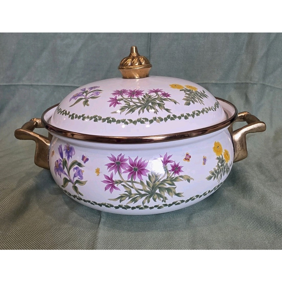 Lincoware Other - Vtg Lincoware Enamelware Brass Handles Dutch Oven Pot With Lid Flower Pattern